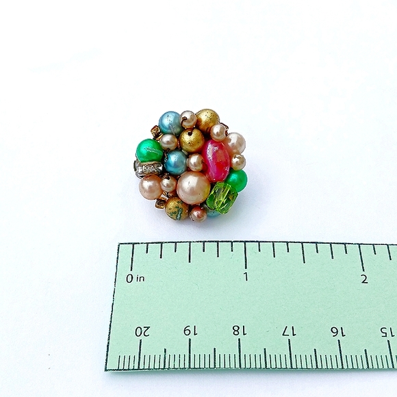VTG CLUSTER EARRINGS JAPAN VINTAGE clip-on brass-tone Button pink white blue - Picture 7 of 7